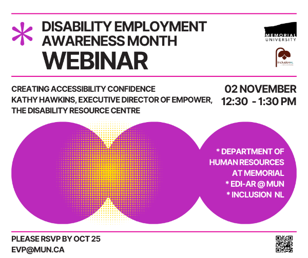 An image promoting the DEAM Webinar, as described in the website text, with Memorial University and InclusionNL on October 30, 2023.